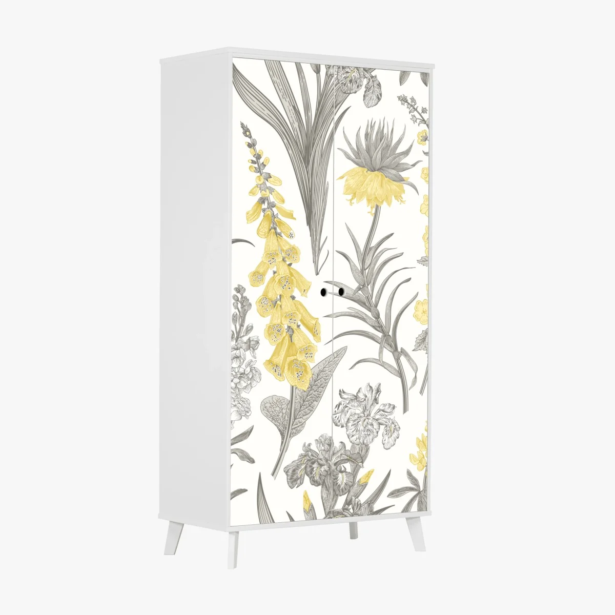 Schrankaufkleber vintage botanisches blumenmuster in gelb und grau – Wallnifity® Schrankaufkleber vintage botanisches blumenmuster in gelb und grau – Wallnifity®