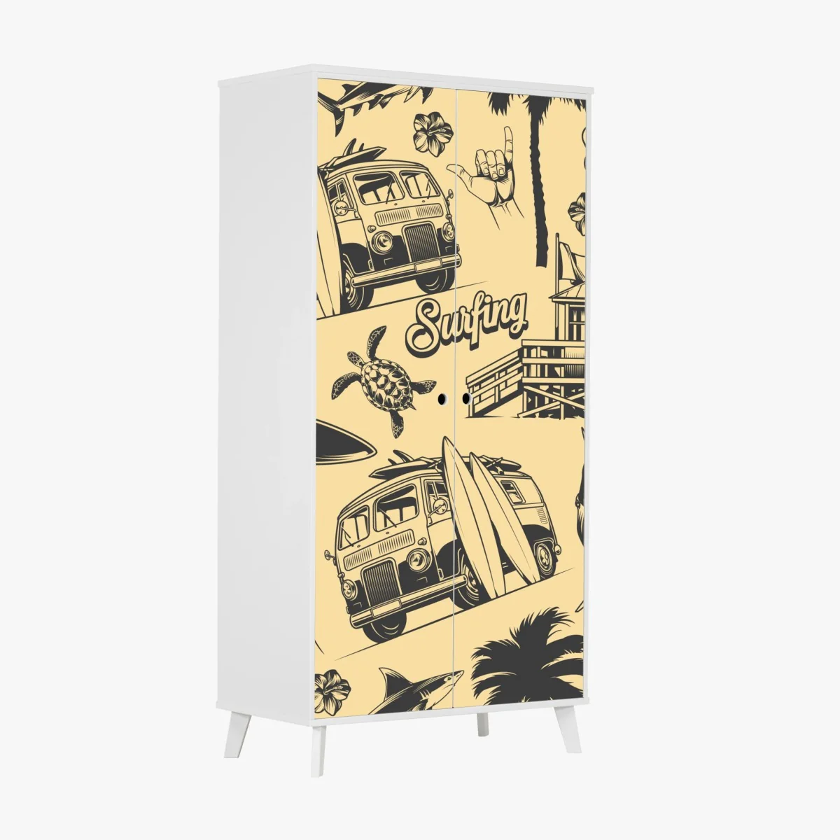Schrankaufkleber retro surfing muster mit campingbus und wellen – Wallnifity®