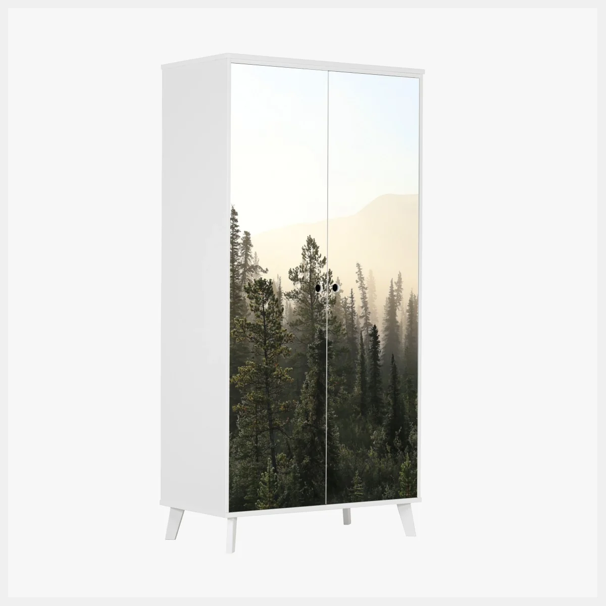 Schrankaufkleber nebliger kiefernwald bei sonnenaufgang – Wallnifity® Schrankaufkleber nebliger kiefernwald bei sonnenaufgang – Wallnifity®