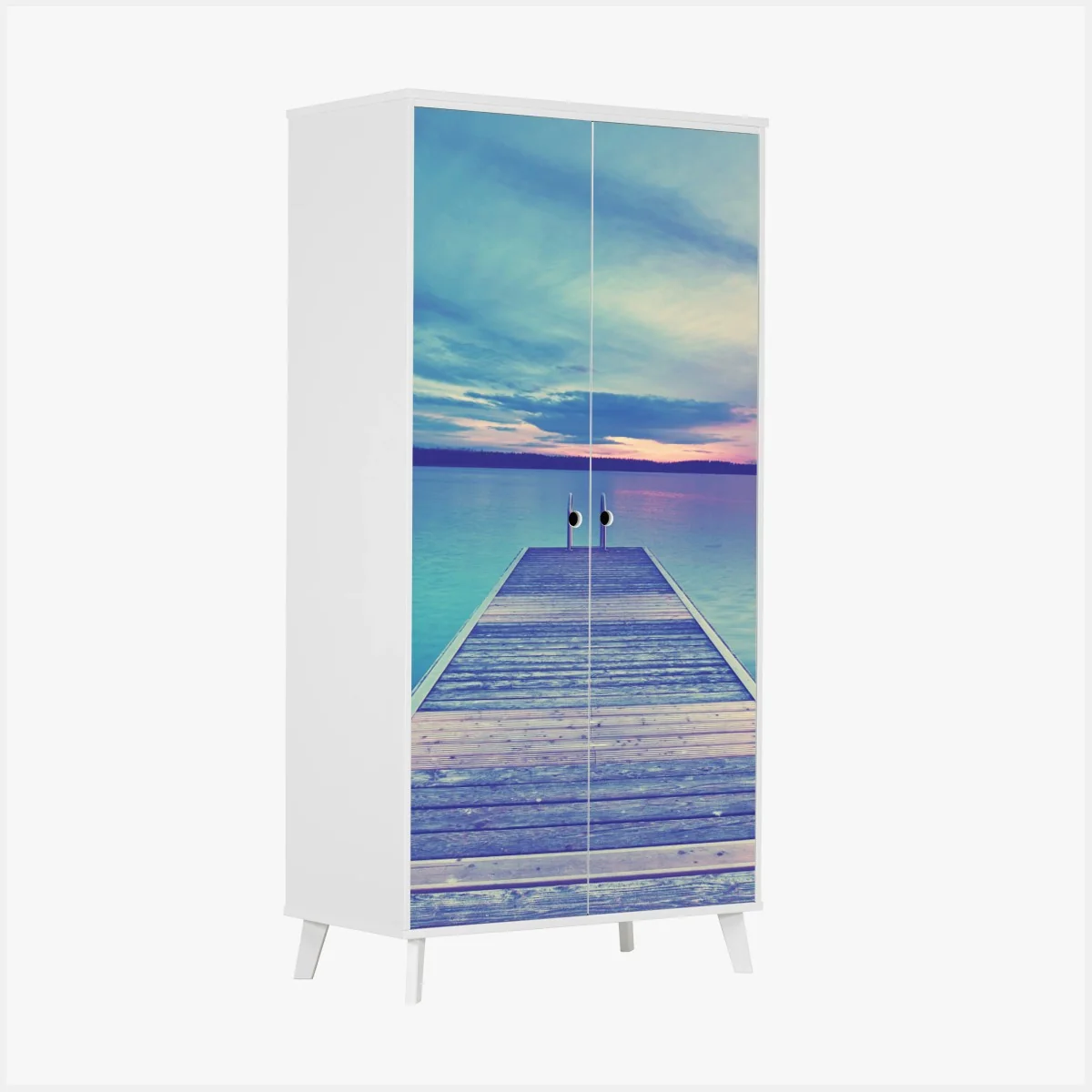 Schrankaufkleber pastellsteg am see bei sonnenuntergang – Wallnifity® Schrankaufkleber pastellsteg am see bei sonnenuntergang – Wallnifity®