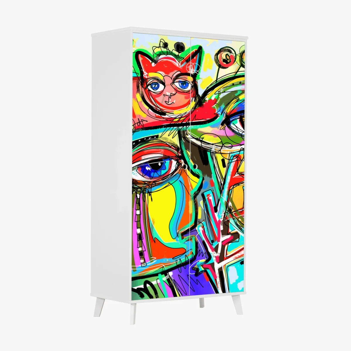 Schrankaufkleber lebendige abstrakte gesichter mit katze und vogel – Wallnifity® Schrankaufkleber lebendige abstrakte gesichter mit katze und vogel – Wallnifity®