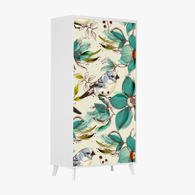 Schrankaufkleber retro türkis blumen- und vogelmuster