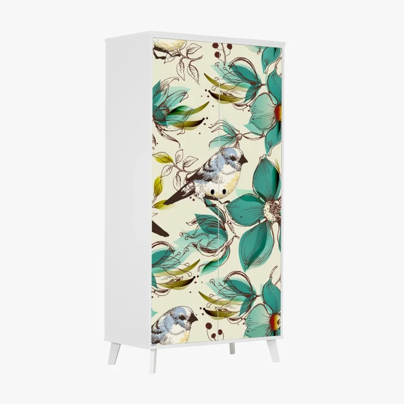 Schrankaufkleber retro türkis blumen- und vogelmuster – Wallnifity® Schrankaufkleber retro türkis blumen- und vogelmuster – Wallnifity®