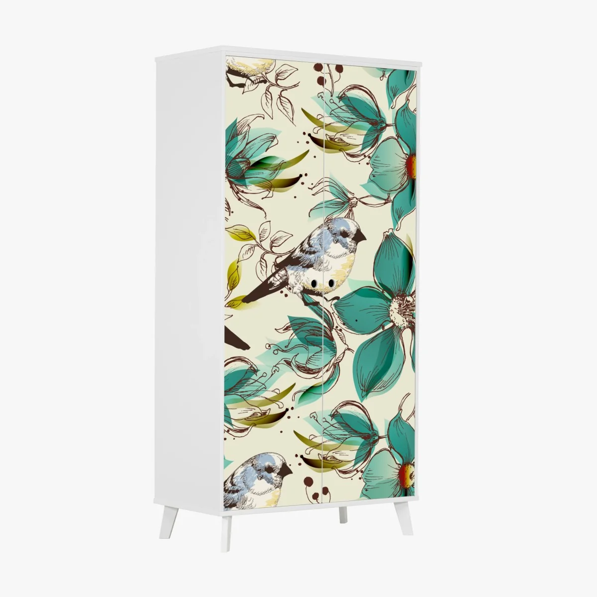 Schrankaufkleber retro türkis blumen- und vogelmuster – Wallnifity® Schrankaufkleber retro türkis blumen- und vogelmuster – Wallnifity®