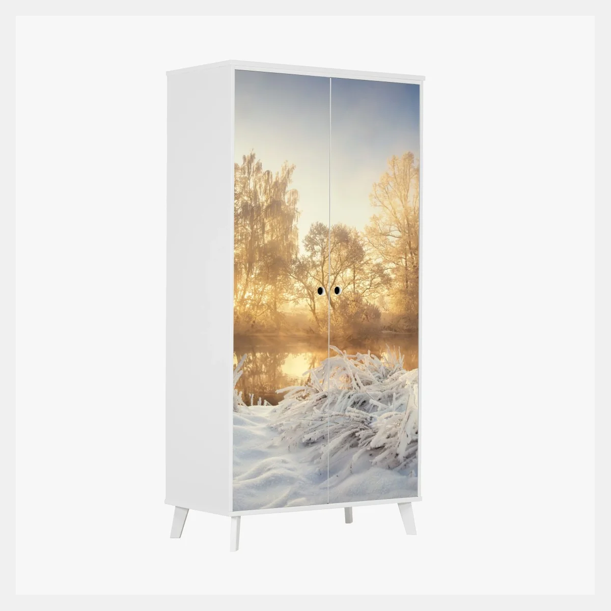 Schrankaufkleber goldener wintersonnenaufgang über dem frostigen fluss – Wallnifity®