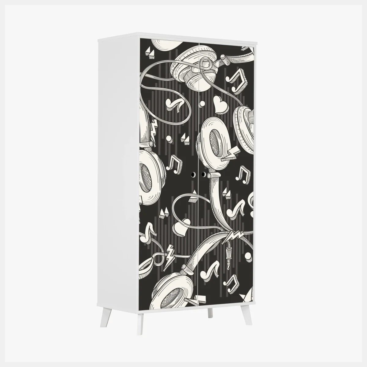 Schrankaufkleber monochromatisches muster mit kopfhörern und noten – Wallnifity® Schrankaufkleber monochromatisches muster mit kopfhörern und noten – Wallnifity®