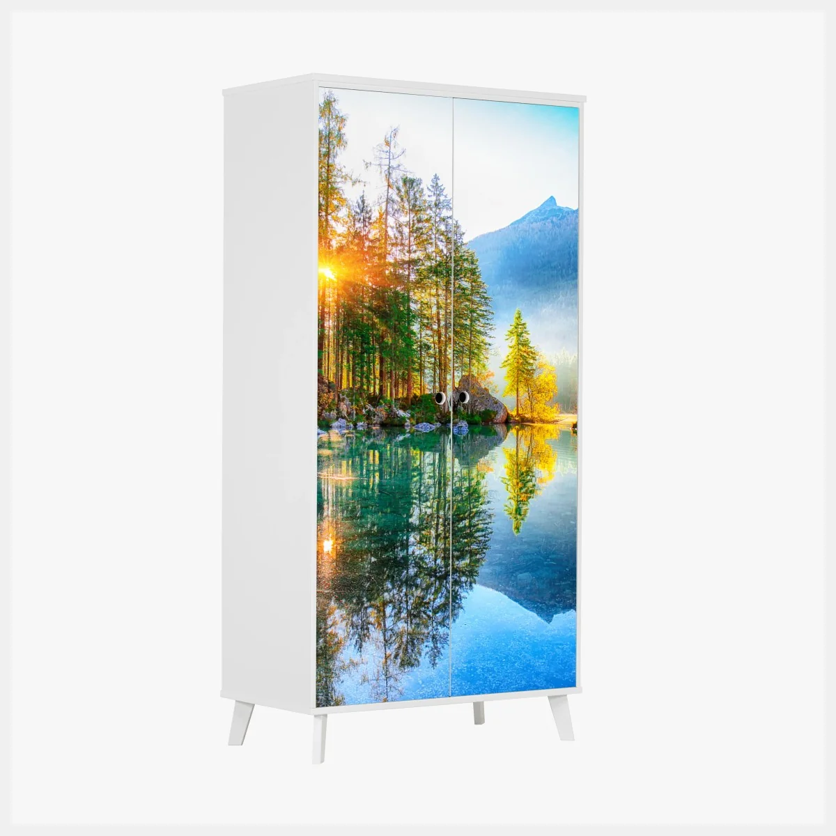 Schrankaufkleber Hintersee herbstlicher sonnenaufgang über dem türkisfarbenen see – Wallnifity® Schrankaufkleber Hintersee herbstlicher sonnenaufgang über dem türkisfarbenen see – Wallnifity®