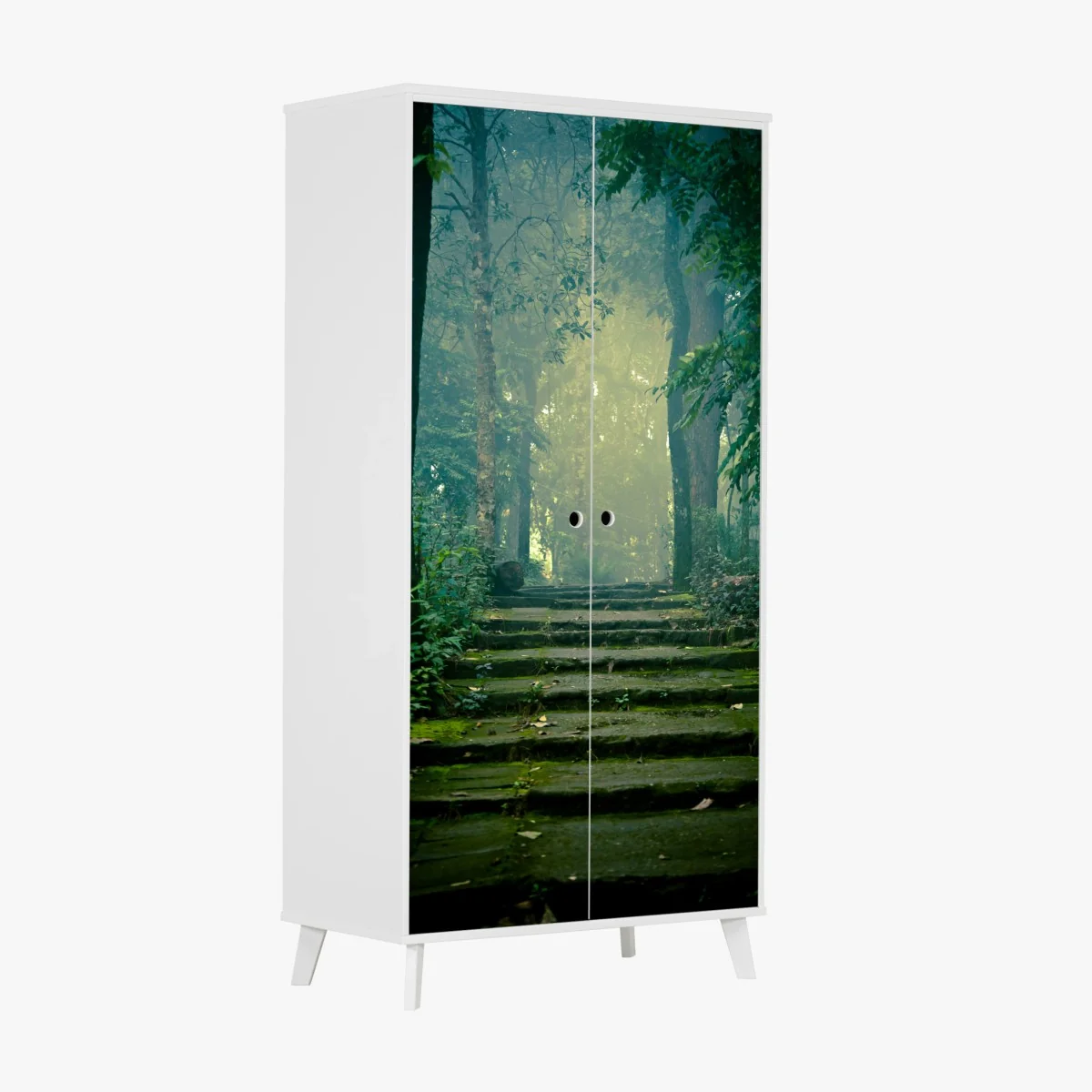 Schrankaufkleber moosbedeckte steintreppe in den nebligen wald – Wallnifity® Schrankaufkleber moosbedeckte steintreppe in den nebligen wald – Wallnifity®