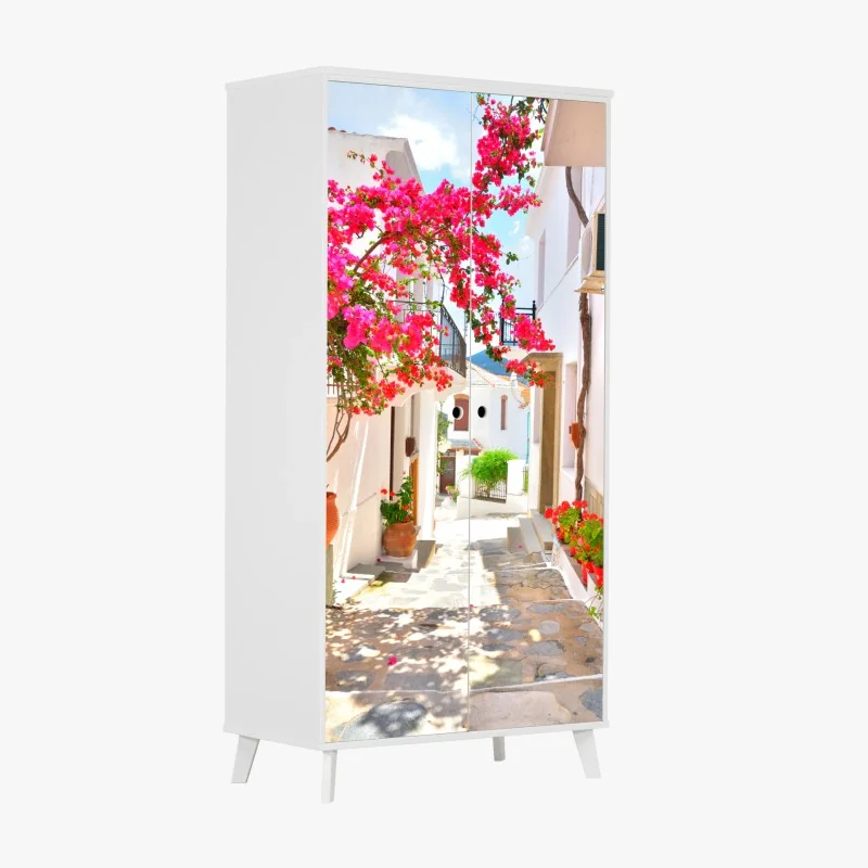 Schrankaufkleber sonnige mediterrane gasse mit bougainvillea – Wallnifity® Schrankaufkleber sonnige mediterrane gasse mit bougainvillea – Wallnifity®