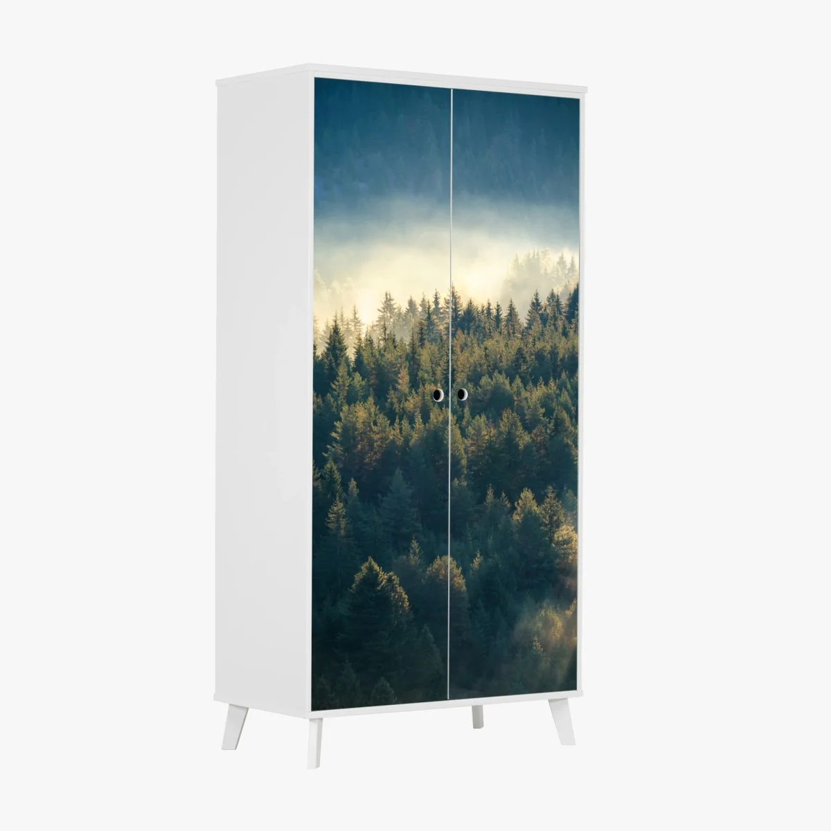 Schrankaufkleber nebliger kiefernwald im morgenlicht – Wallnifity® Schrankaufkleber nebliger kiefernwald im morgenlicht – Wallnifity®