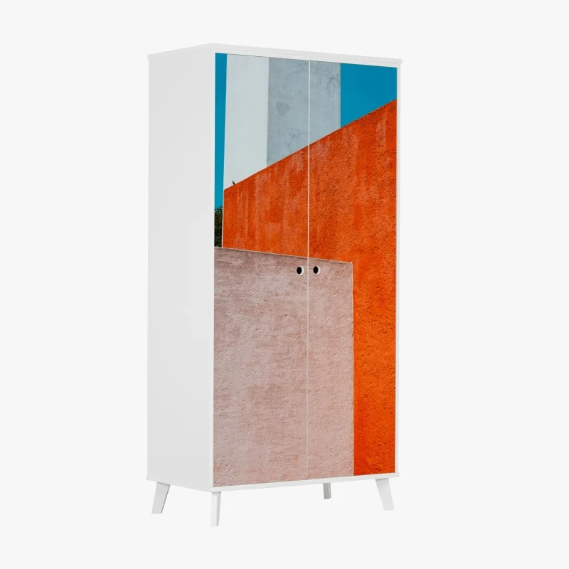 Schrankaufkleber mutige geometrische fassade in orange und türkis