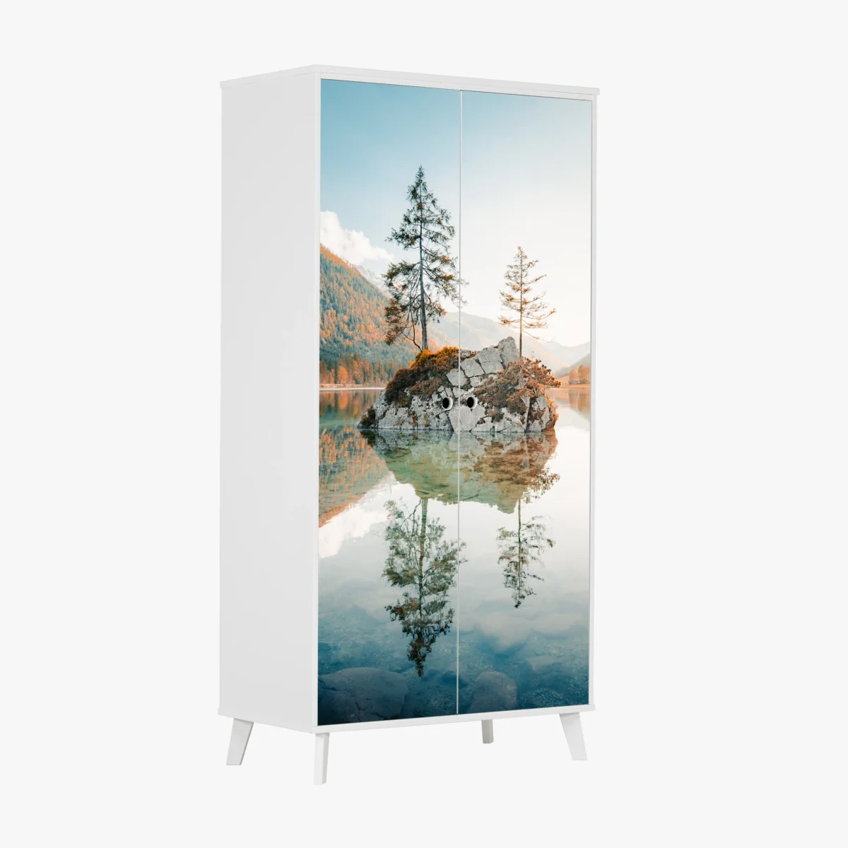 Schrankaufkleber sonnenbeleuchtete felsinsel am Hintersee – Wallnifity® Schrankaufkleber sonnenbeleuchtete felsinsel am Hintersee – Wallnifity®