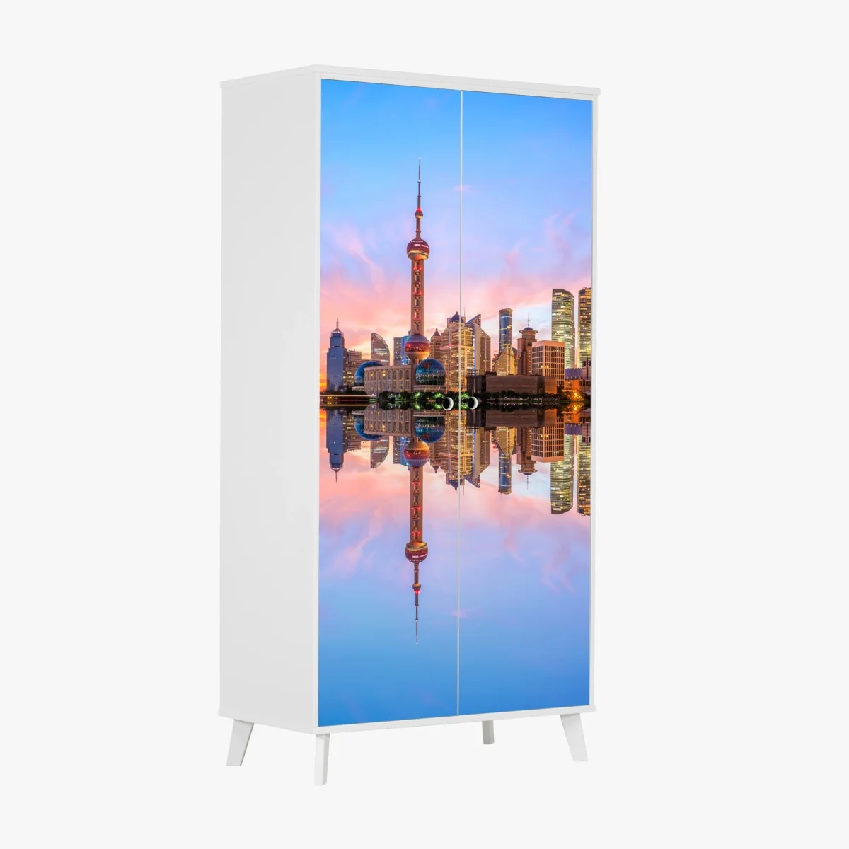 Schrankaufkleber Shanghai skyline bei sonnenaufgang – Wallnifity® Schrankaufkleber Shanghai skyline bei sonnenaufgang – Wallnifity®