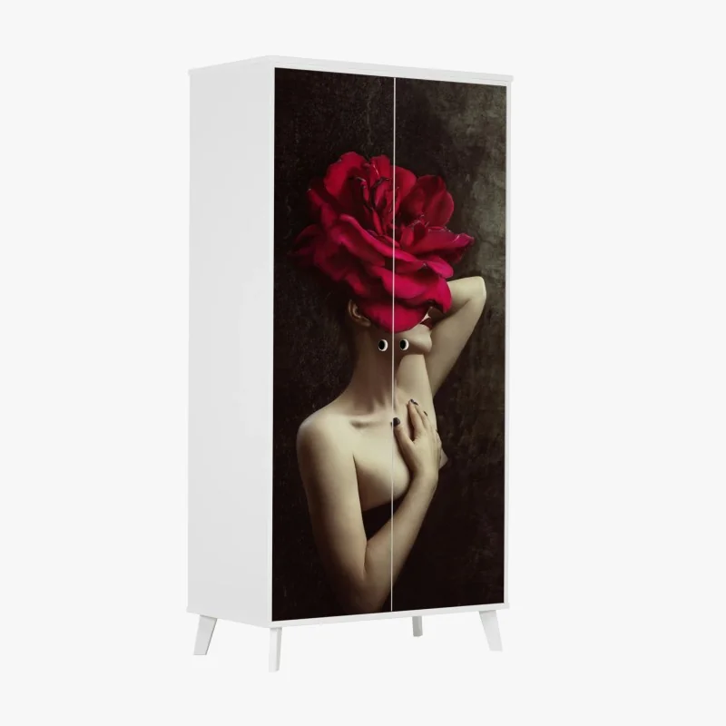 Schrankaufkleber frau mit rosenkopf surreales blumenporträt