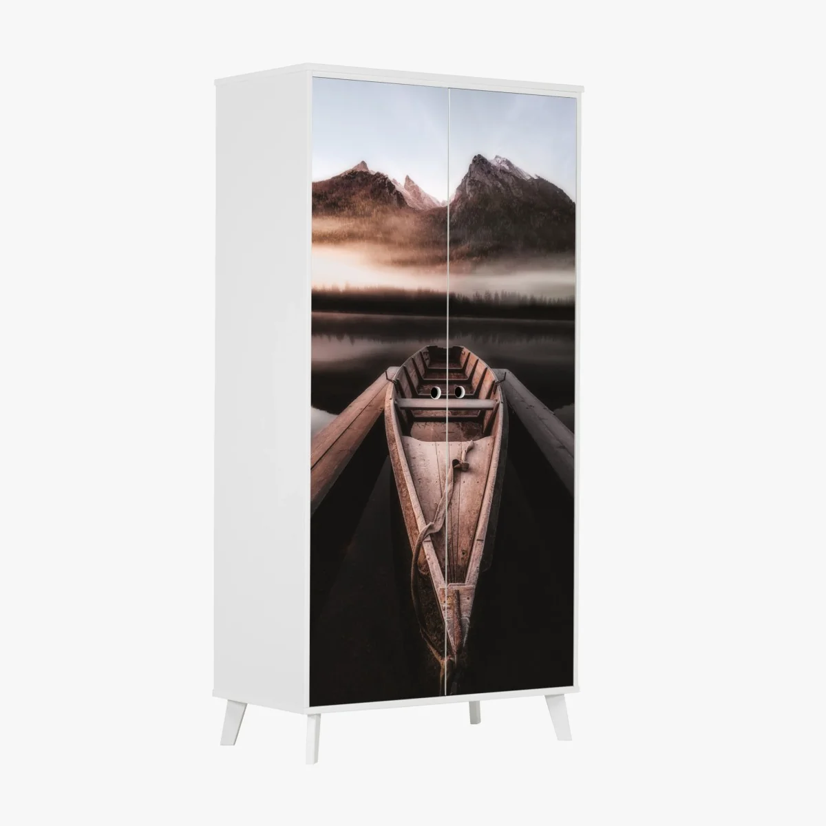 Schrankaufkleber nebliges boot am bergsee – Wallnifity® Schrankaufkleber nebliges boot am bergsee – Wallnifity®