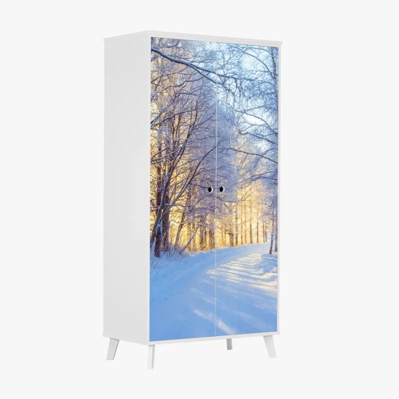 Schrankaufkleber birkenwald im winter bei sonnenaufgang