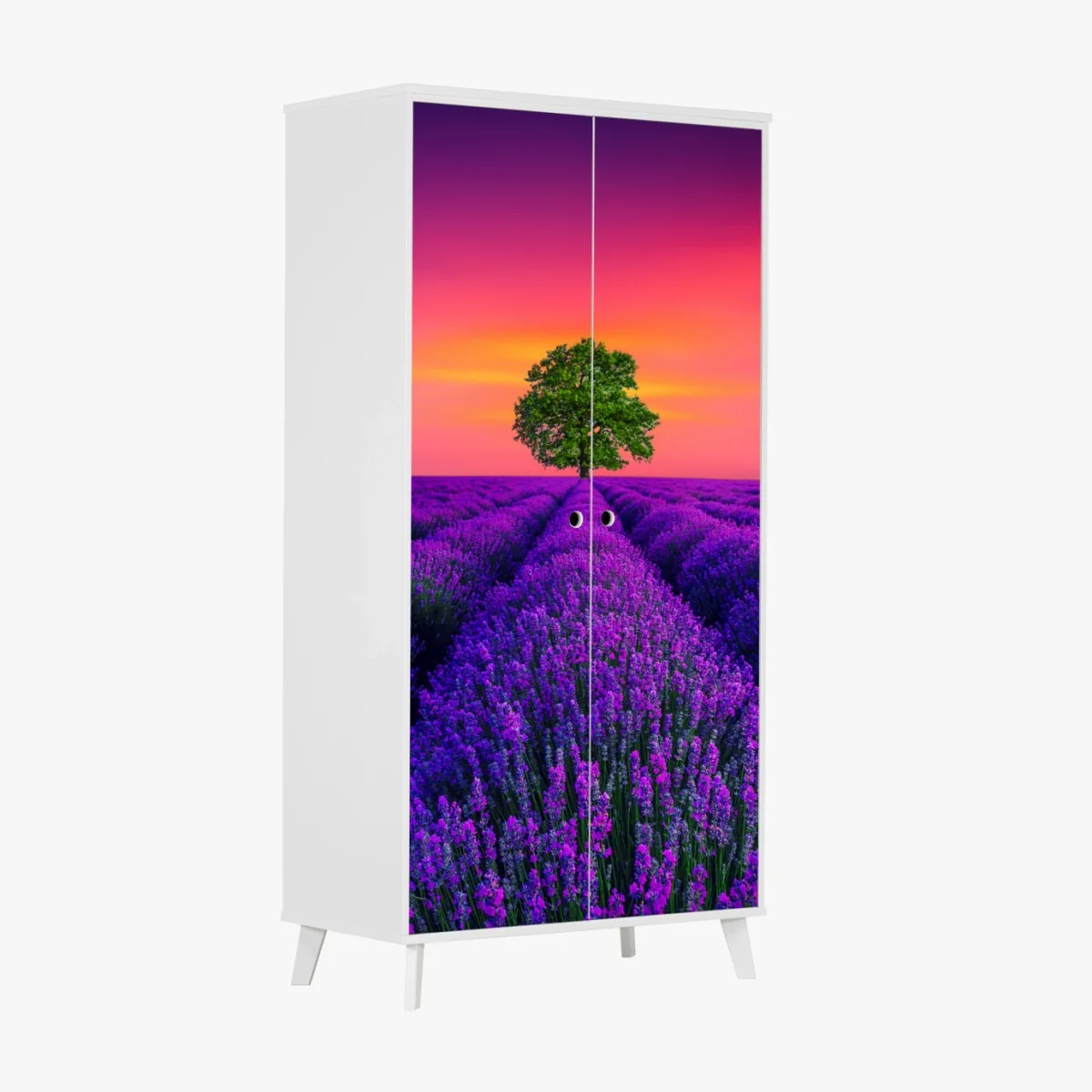 Schrankaufkleber lavendelfeld bei sonnenuntergang mit einsamem baum – Wallnifity® Schrankaufkleber lavendelfeld bei sonnenuntergang mit einsamem baum – Wallnifity®