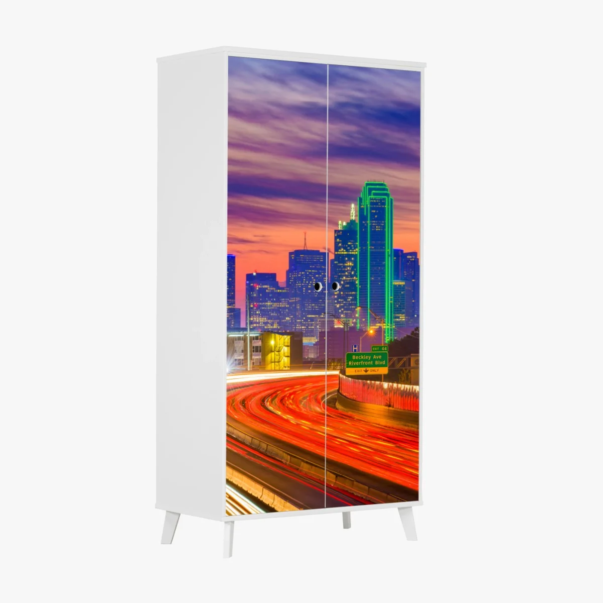 Schrankaufkleber panorama von Dallas bei sonnenuntergang mit lichtspuren auf der autobahn – Wallnifity® Schrankaufkleber panorama von Dallas bei sonnenuntergang mit lichtspuren auf der autobahn – Wallnifity®