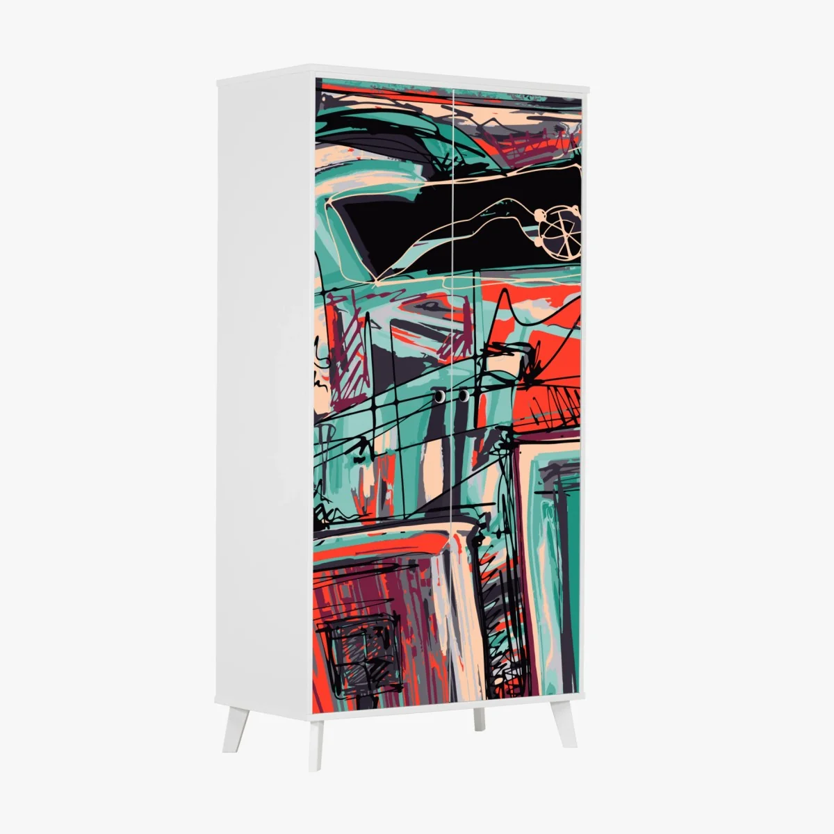 Schrankaufkleber türkis-korall abstrakte komposition – Wallnifity® Schrankaufkleber türkis-korall abstrakte komposition – Wallnifity®