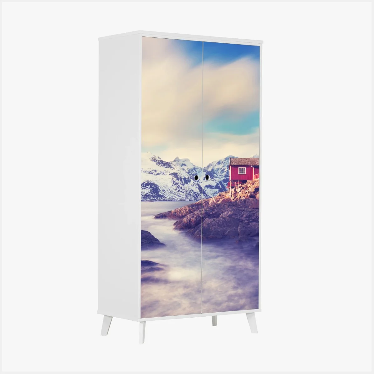 Schrankaufkleber küstengebirge mit roten hütten – Wallnifity® Schrankaufkleber küstengebirge mit roten hütten – Wallnifity®
