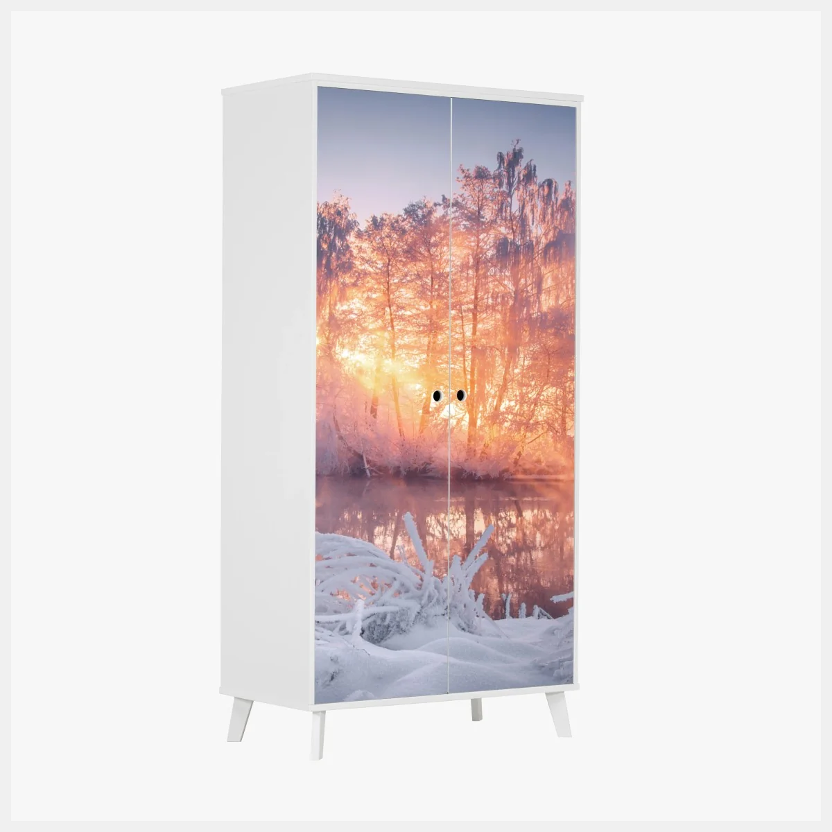 Schrankaufkleber winterlicher sonnenaufgang über zugefrorenem fluss – Wallnifity® Schrankaufkleber winterlicher sonnenaufgang über zugefrorenem fluss – Wallnifity®