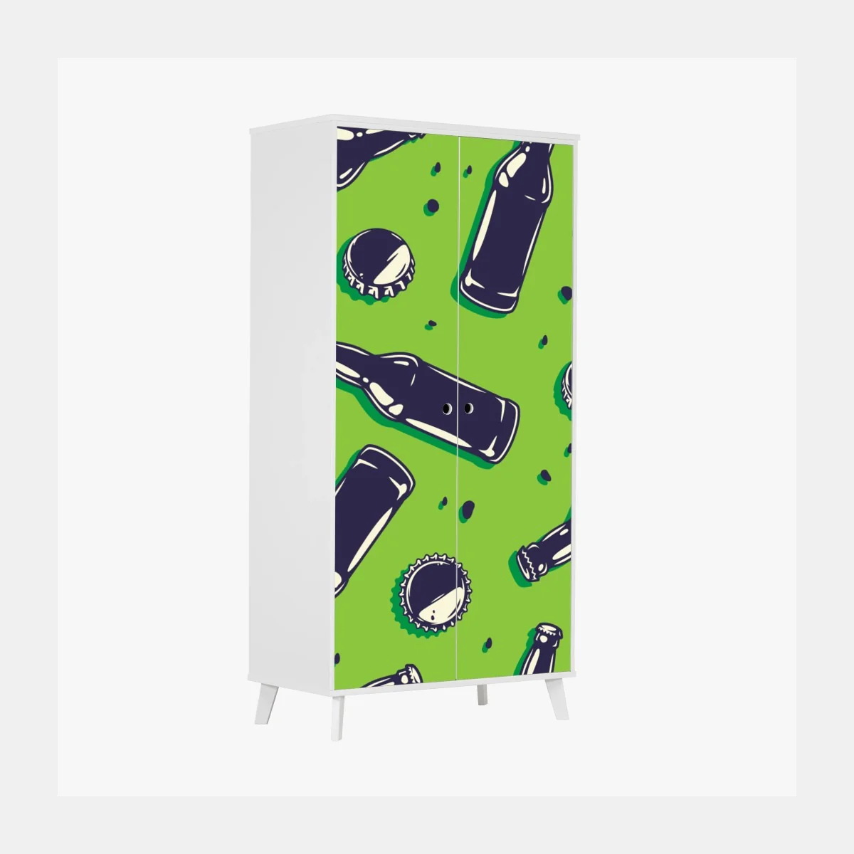 Schrankaufkleber grünes pop-art-muster mit bierflaschen und kronkorken – Wallnifity®