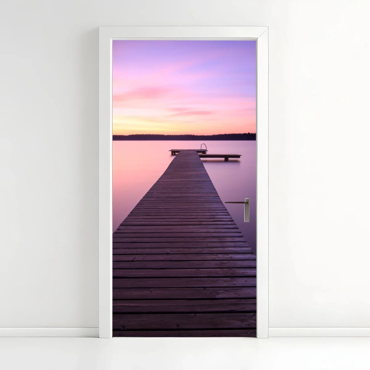 Türaufkleber ruhiger pastellsonnenuntergang am see mit steg – Wallnifity® Türaufkleber ruhiger pastellsonnenuntergang am see mit steg – Wallnifity®