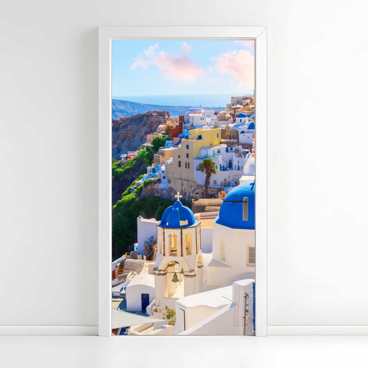 Türaufkleber Santorini blaue kuppeln und weiße häuser – Wallnifity®