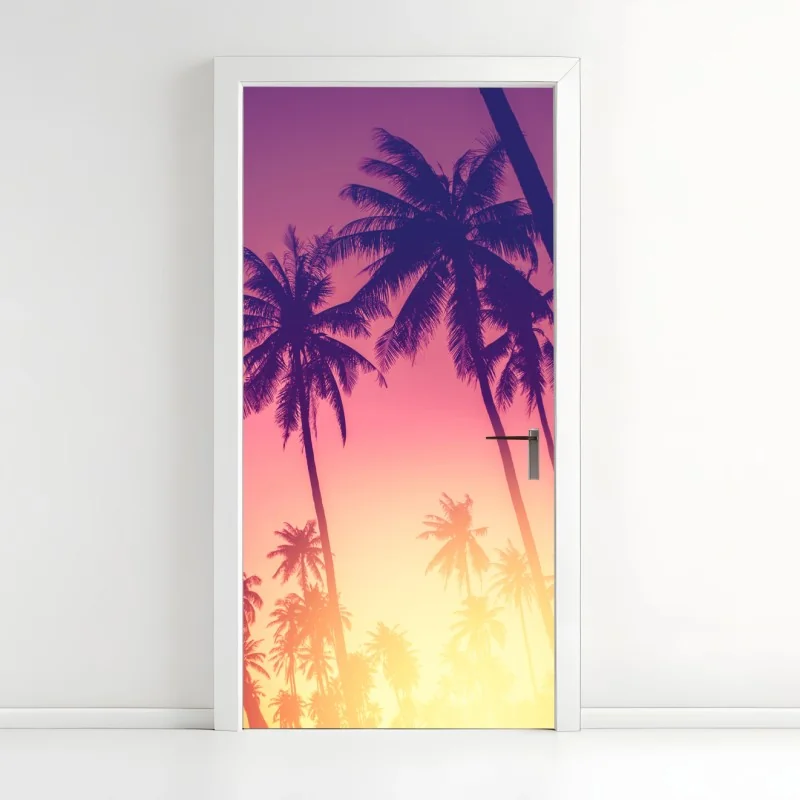 Türaufkleber tropischer sonnenuntergang mit palmensilhouette
