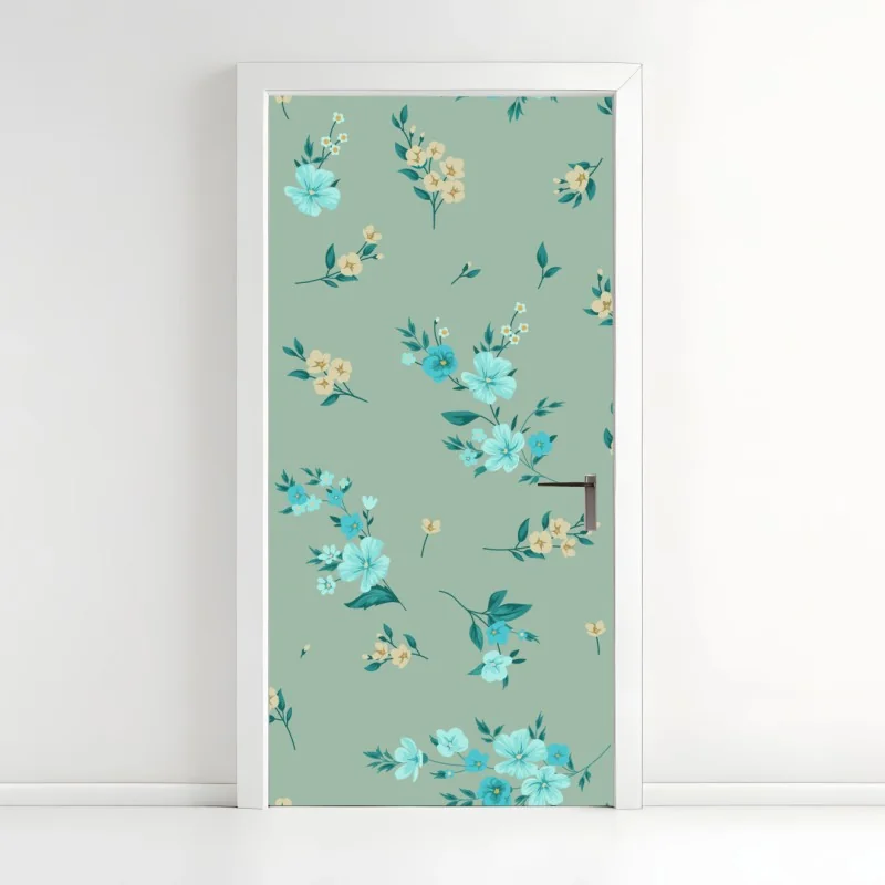 Türaufkleber pastell türkis blumenmuster auf salbeigrünem hintergrund