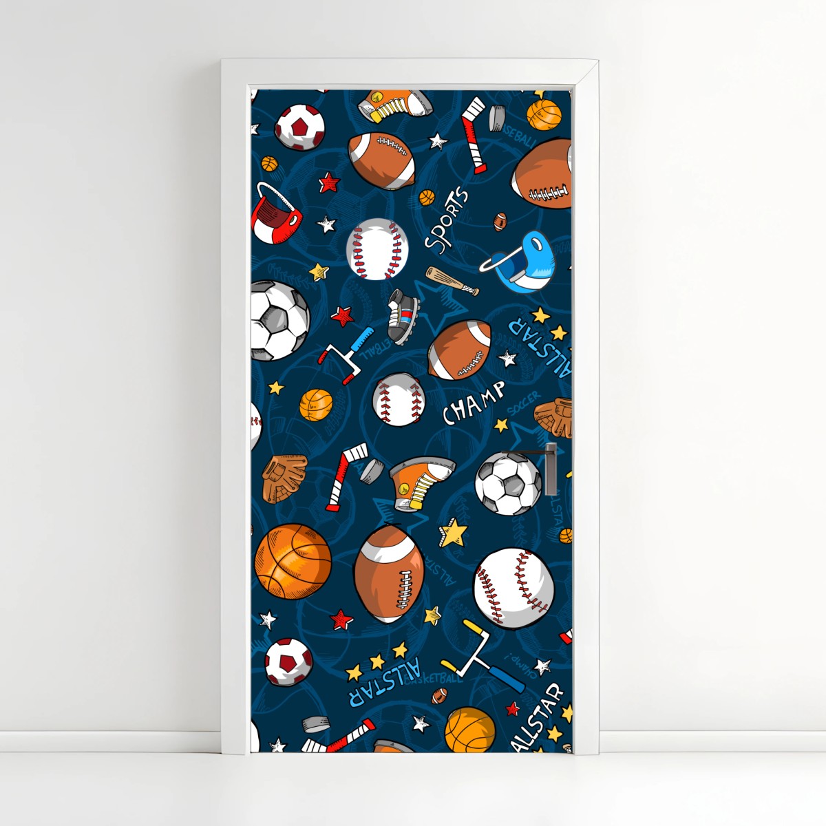 Türaufkleber verspieltes sportmuster auf dunkelblauem hintergrund – Wallnifity®