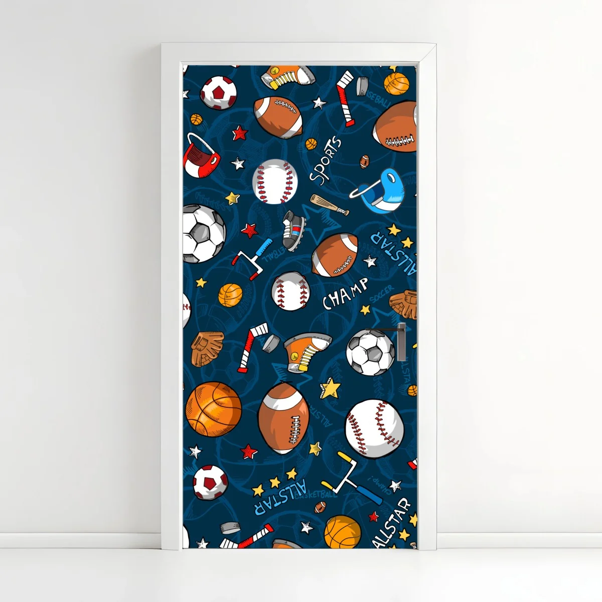 Türaufkleber verspieltes sportmuster auf dunkelblauem hintergrund – Wallnifity®