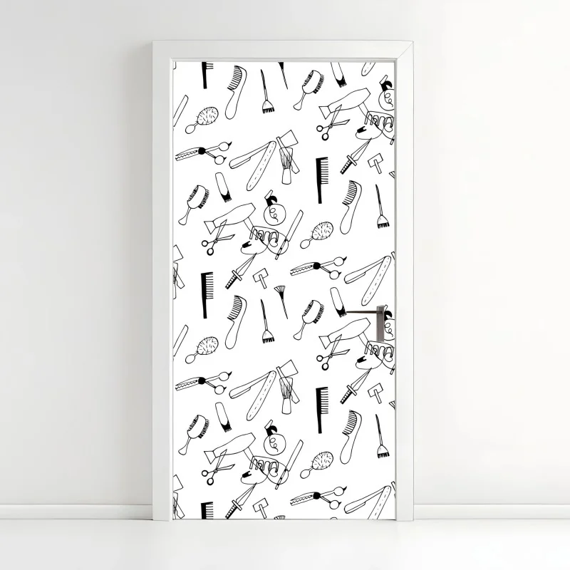 Türaufkleber handgezeichnetes muster von friseurwerkzeugen