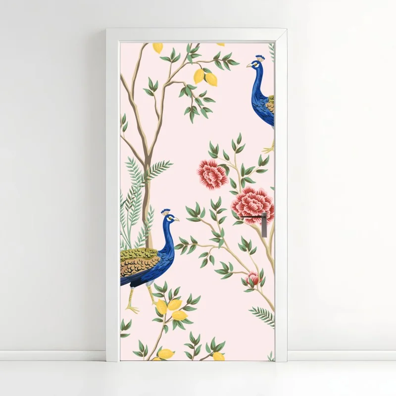 Türaufkleber elegantes pfau- und blumenmuster auf rosa hintergrund