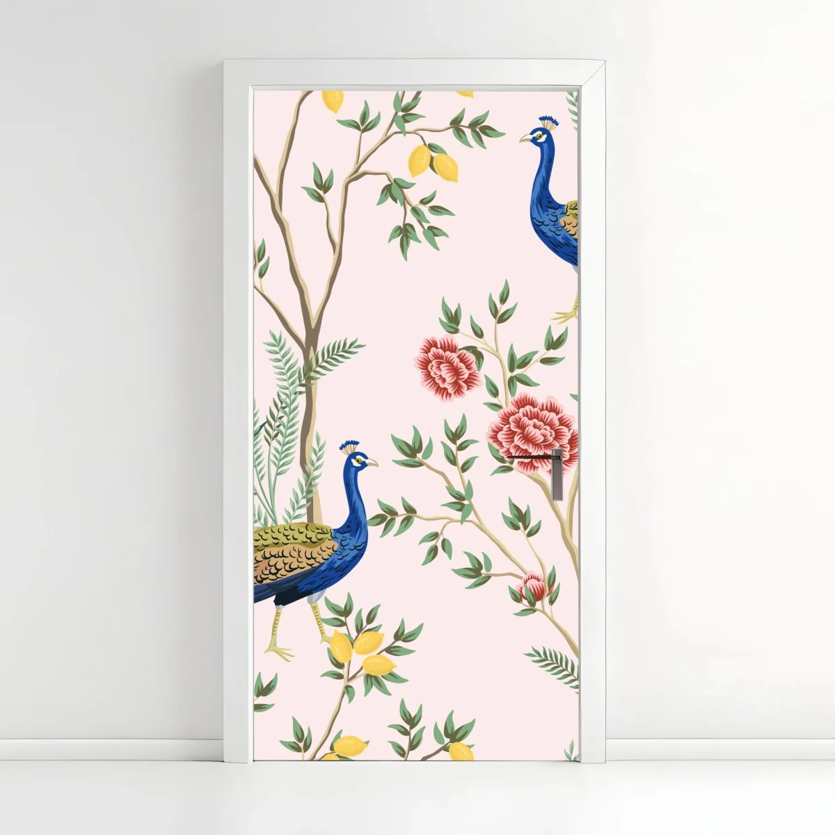 Türaufkleber elegantes pfau- und blumenmuster auf rosa hintergrund – Wallnifity® Türaufkleber elegantes pfau- und blumenmuster auf rosa hintergrund – Wallnifity®