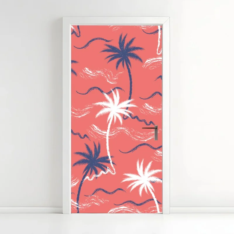 Türaufkleber tropisches palmenmuster in koralle und dunkelblau