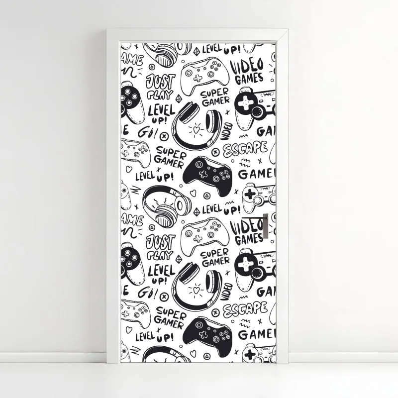 Türaufkleber doodle-muster mit videospiel-controllern