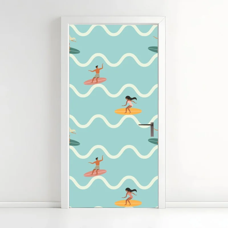 Türaufkleber surfer auf türkisfarbenen wellen