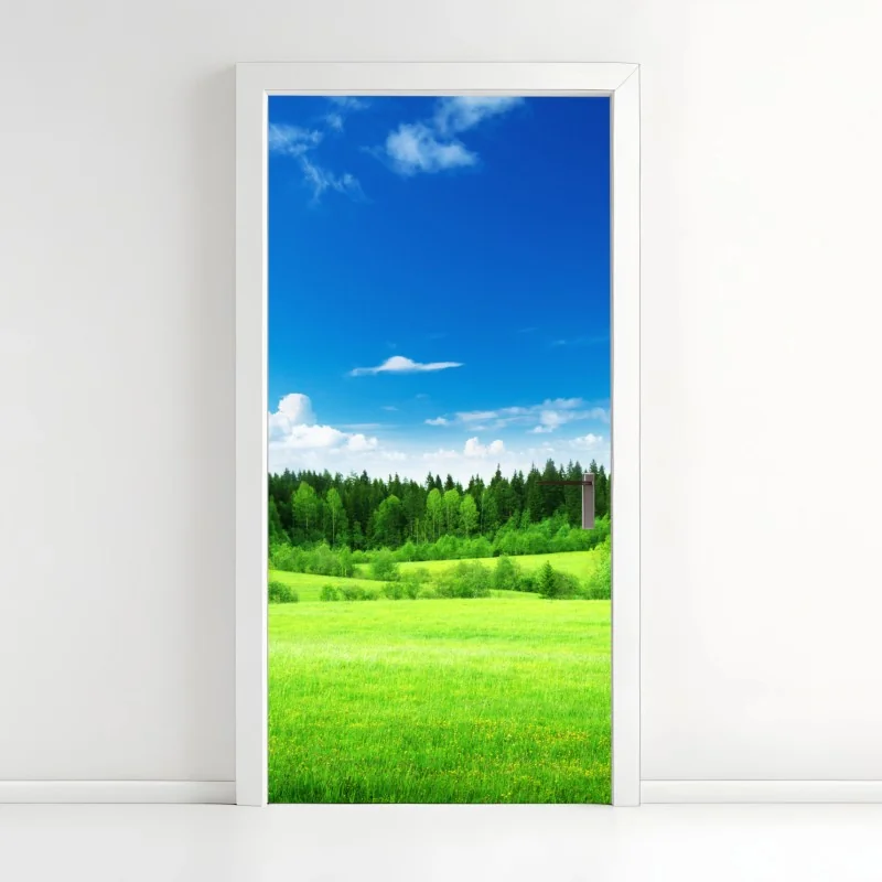 Türaufkleber frühlingswiese unter blauem himmel