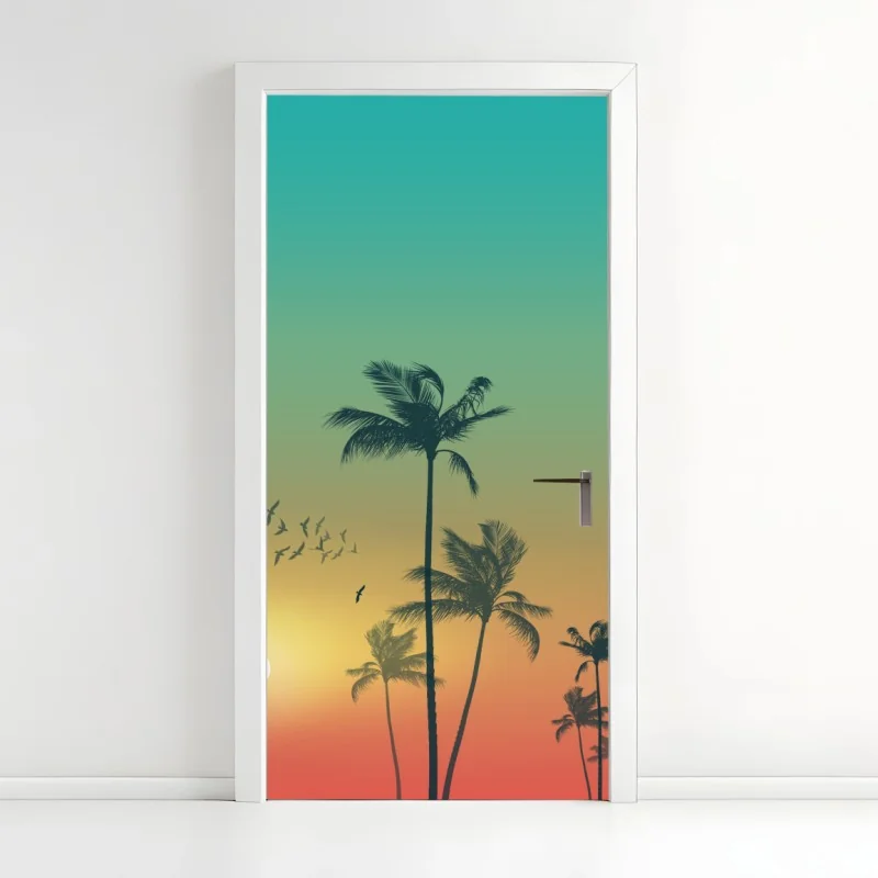 Türaufkleber tropischer sonnenuntergang mit palmensilhouetten