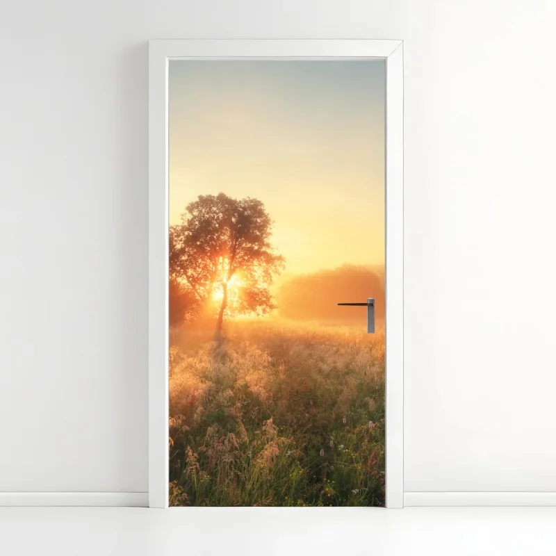 Türaufkleber goldener sonnenaufgang über nebliger wiese