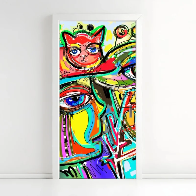 Türaufkleber lebendige abstrakte gesichter mit katze und vogel