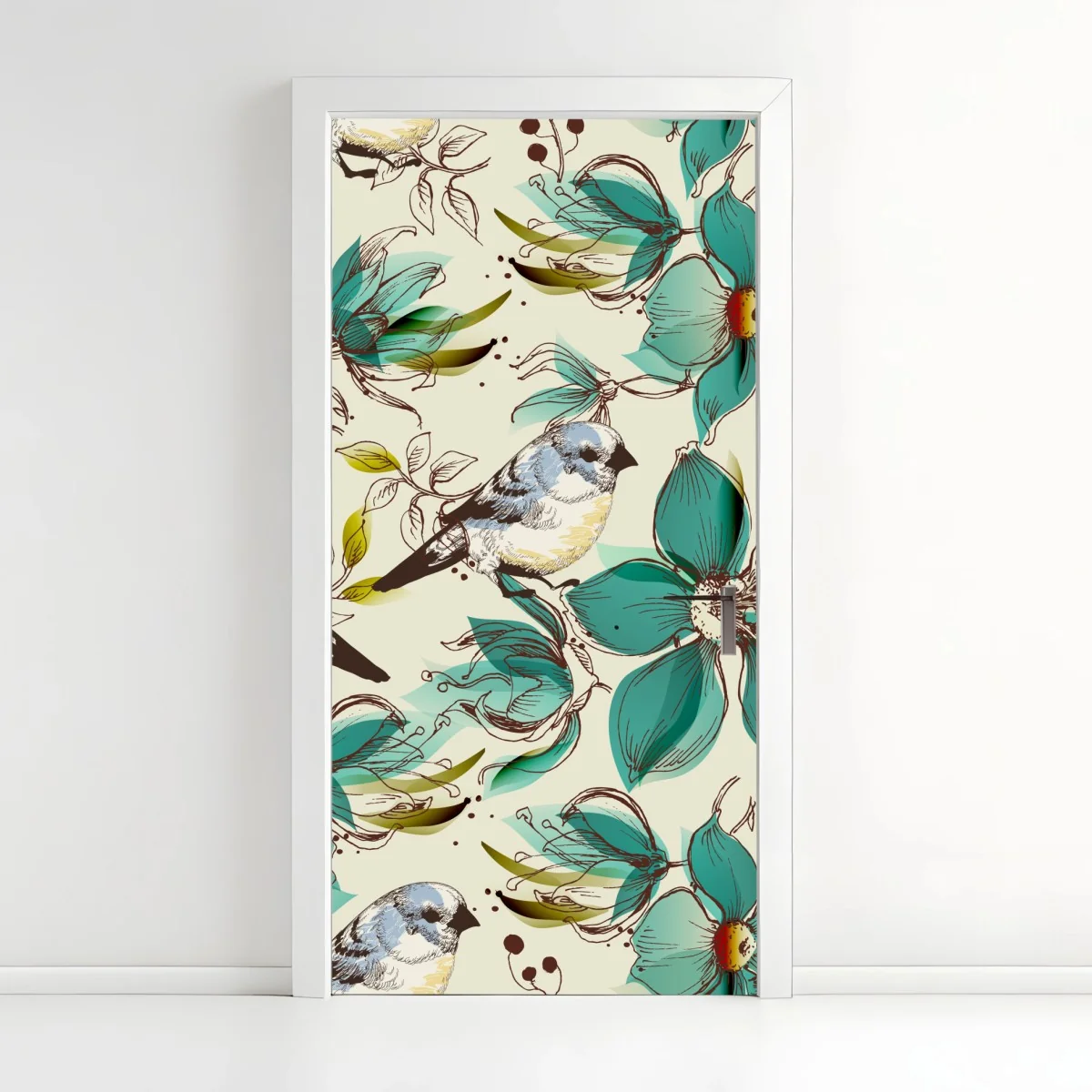 Türaufkleber retro türkis blumen- und vogelmuster – Wallnifity® Türaufkleber retro türkis blumen- und vogelmuster – Wallnifity®