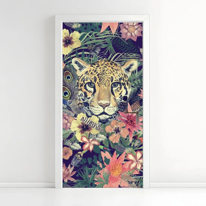Türaufkleber vintage aquarell leopard im tropischen dschungel