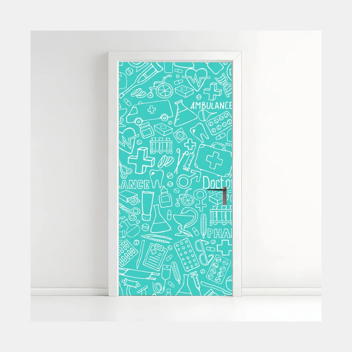 Türaufkleber türkises nahtloses muster mit medizinischen icons – Wallnifity®