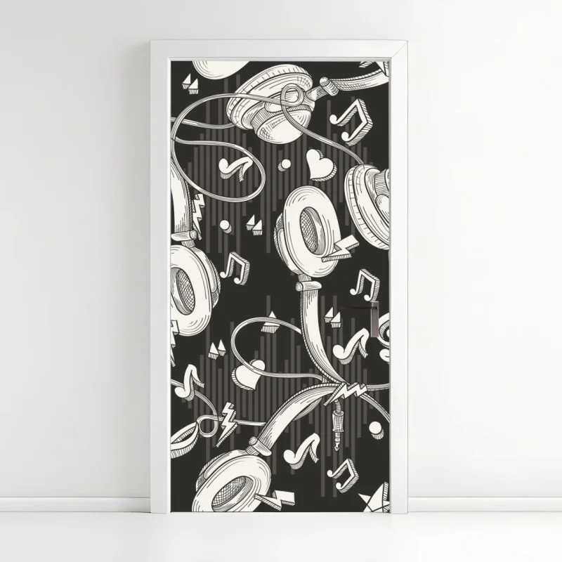 Türaufkleber monochromatisches muster mit kopfhörern und noten