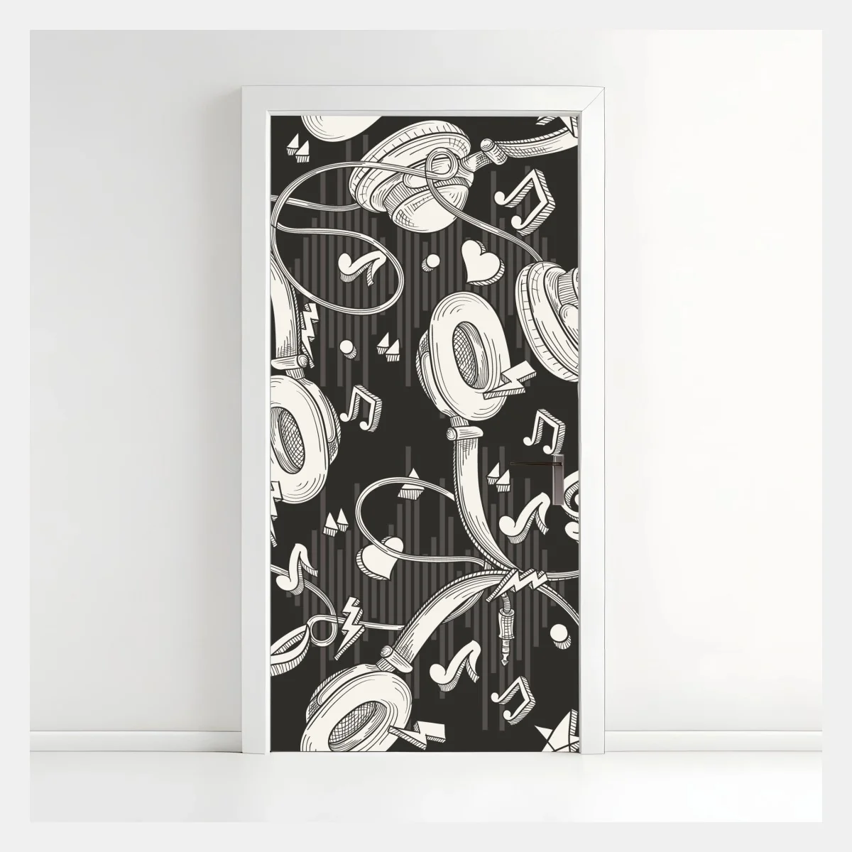 Türaufkleber monochromatisches muster mit kopfhörern und noten – Wallnifity®