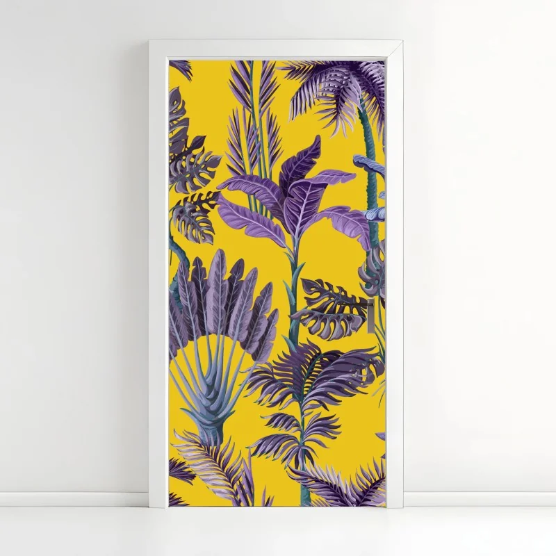 Türaufkleber tropische lila blätter auf gelbem hintergrund