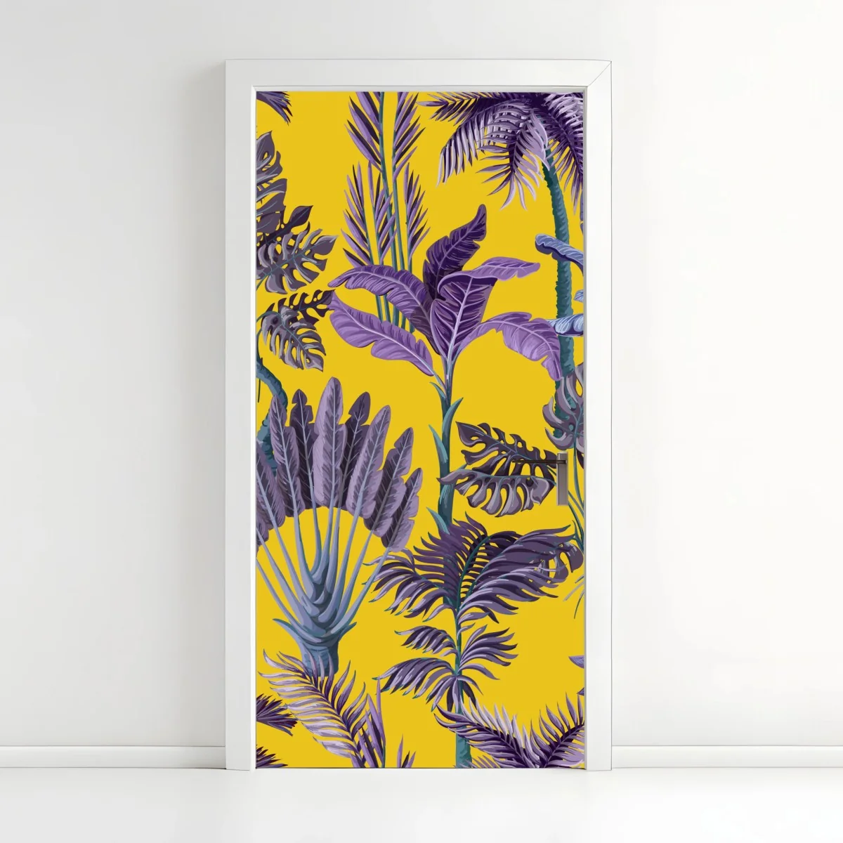 Türaufkleber tropische lila blätter auf gelbem hintergrund – Wallnifity®