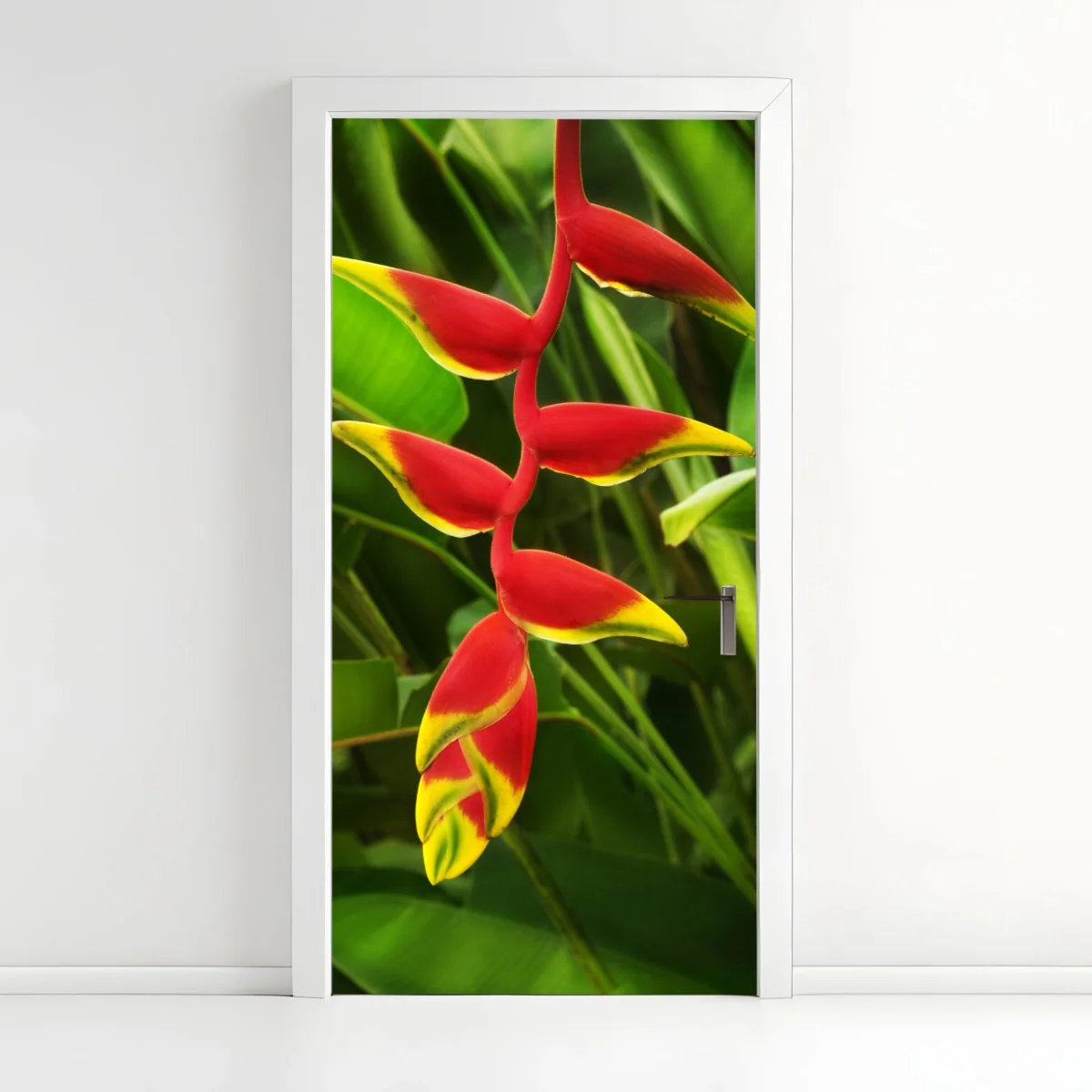 Türaufkleber leuchtende heliconia im tropischen laub – Wallnifity®